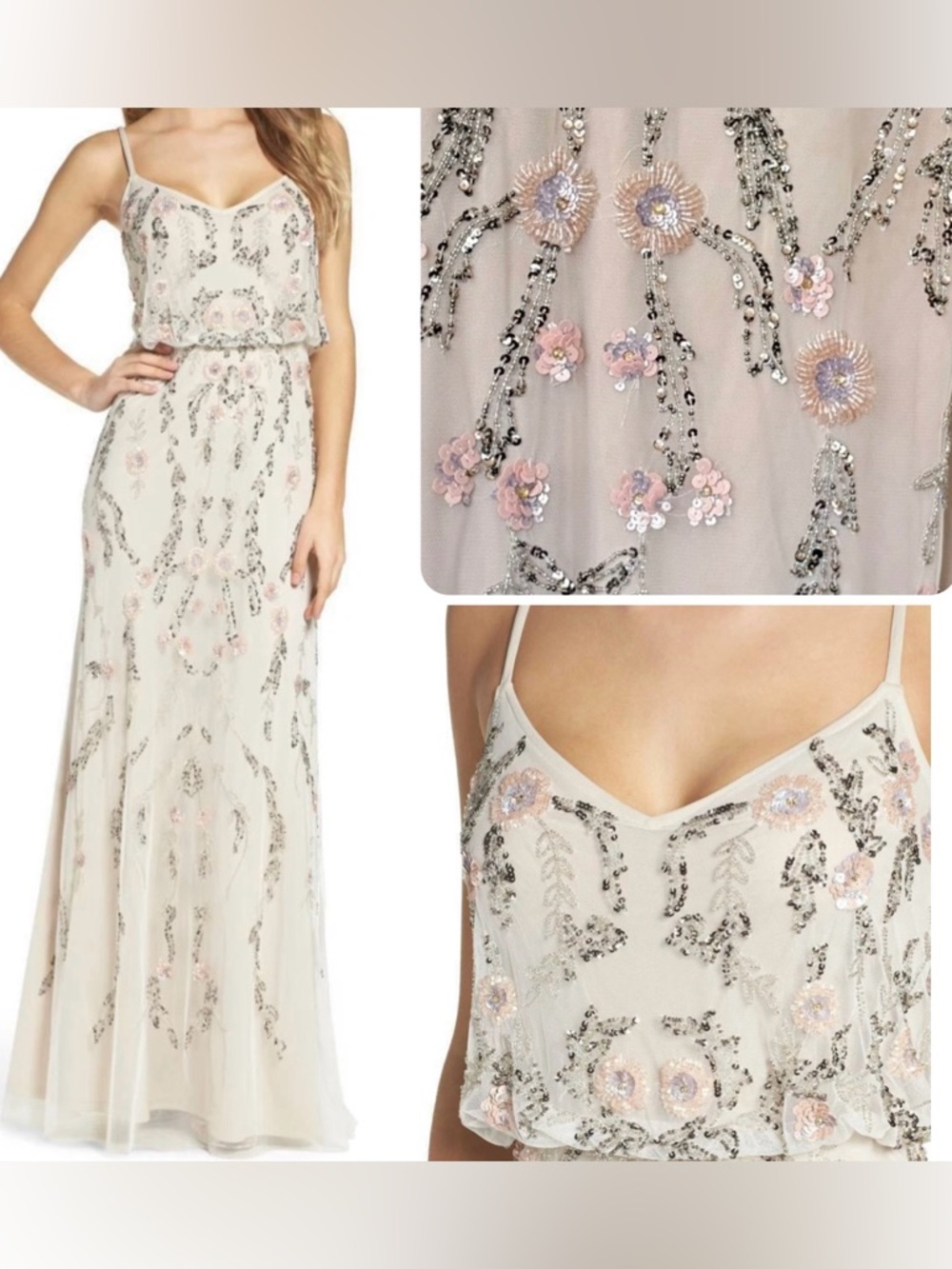 Adrianna Papell Floral Blush Mesh Beaded Blouson Maxi Gown Ivory Pink Dress sz 4